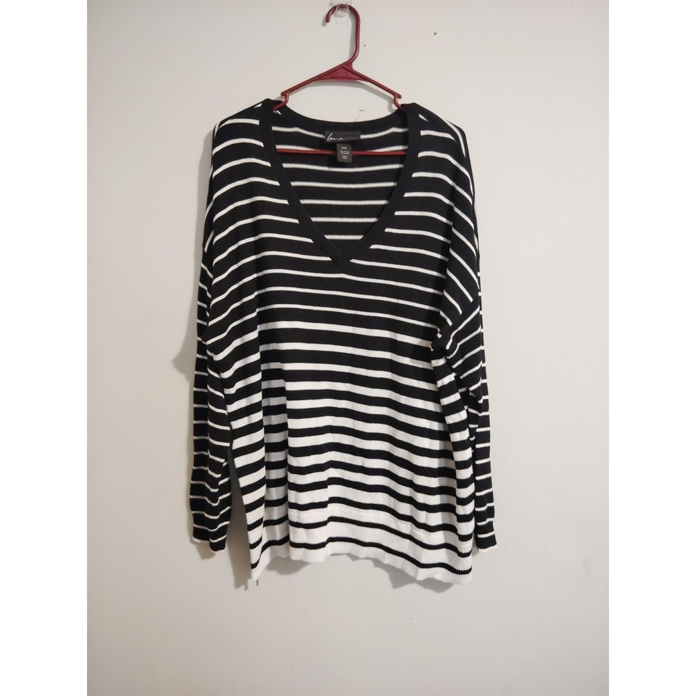 Lane Bryant Women's Black White Striped V-Neck Sweater Side Zip Size 18/20